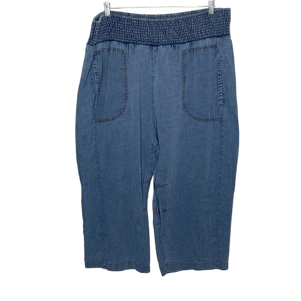 Pilcro Smocked Waist Blue Chambray Wide Leg Cropped Pants 2X Anthropologie